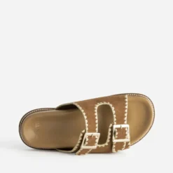Mule TEXTO camel cuir velours brodé