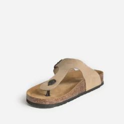 Mule-tong anatomique beige cuir velours