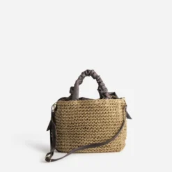 Panier beige foncé tressé à anses marron