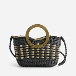 Panier TEXTO noir paille papier anse effet bois