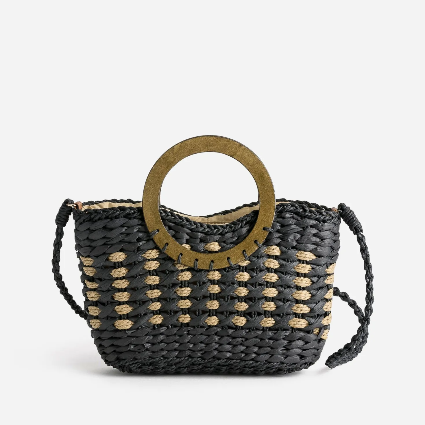 Panier TEXTO noir paille papier anse effet bois