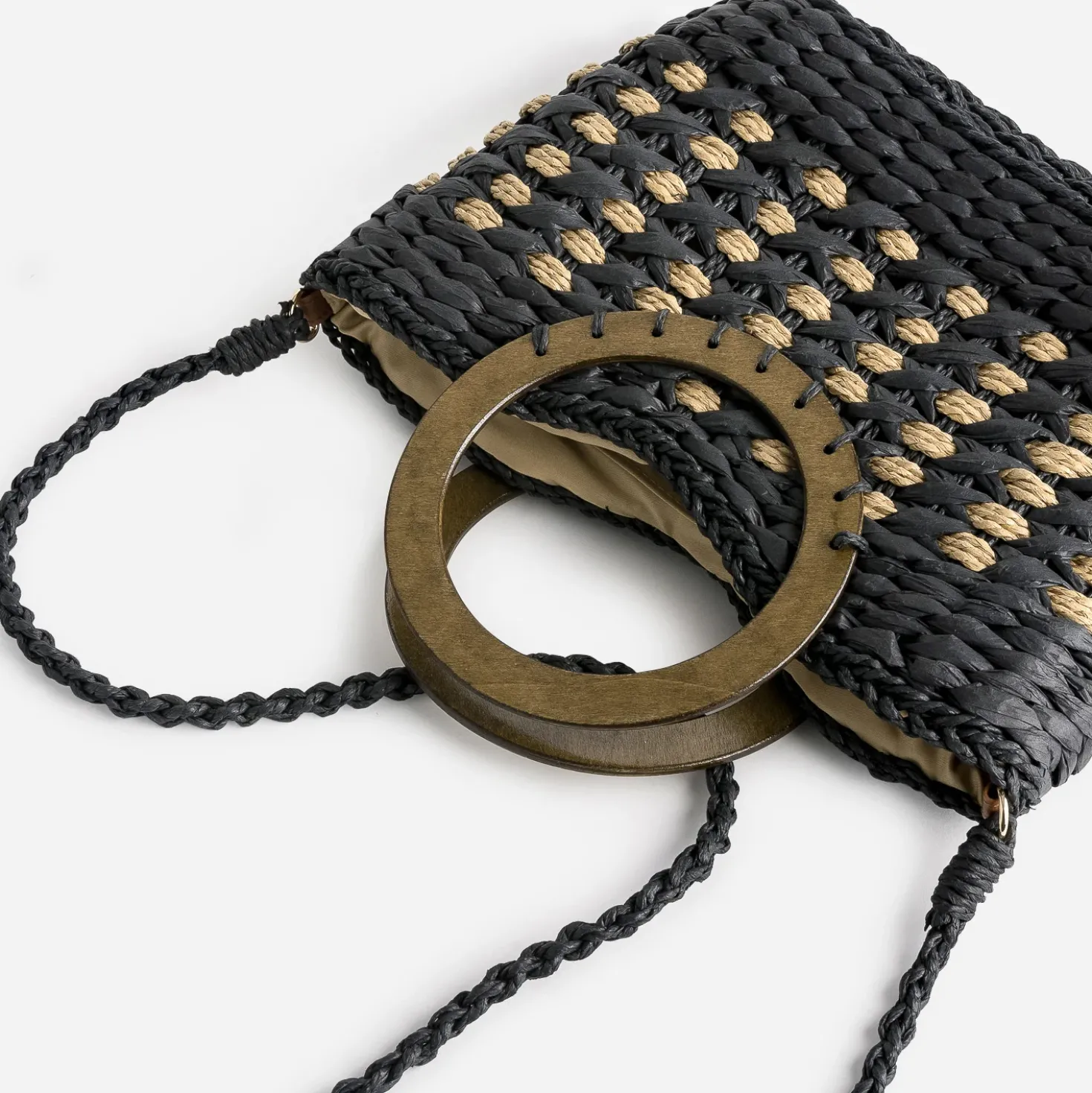 Panier TEXTO noir paille papier anse effet bois