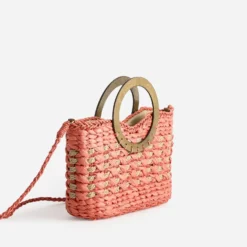 Panier TEXTO orange paille papier anse effet bois