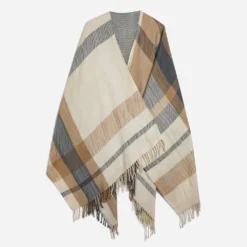 Poncho camel, écru, gris à motif carreaux