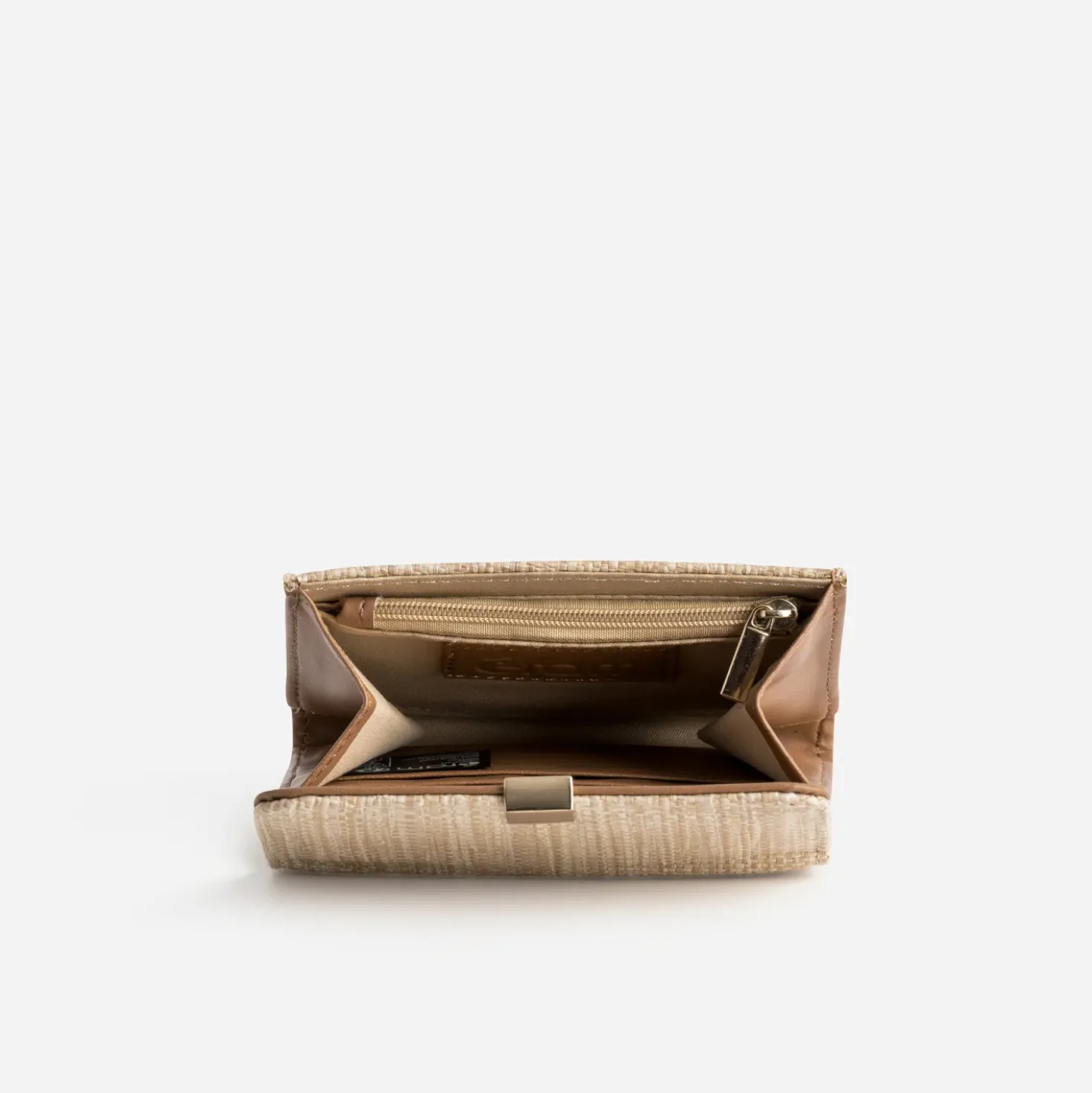 Porte-monnaie beige tressé et camel