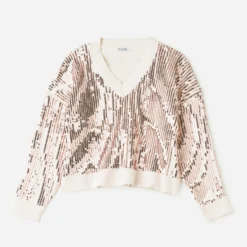 Pull TEXTO écru brodé sequins rose cuivré