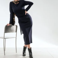 Robe longue TEXTO marine plis côtés