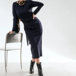 Robe longue TEXTO marine plis côtés