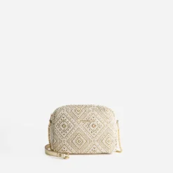 Sac bandoulière beige brodé doré