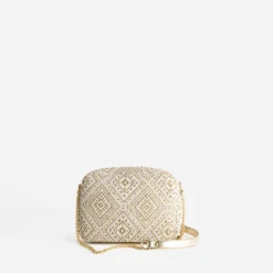 Sac bandoulière beige brodé doré