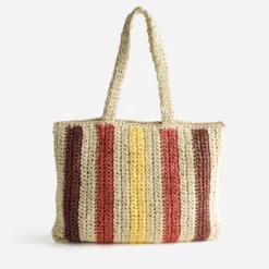 Sac beige paille papier motif rayures