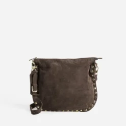 Sac besace marron cuir velours décor clous