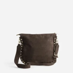 Sac besace marron cuir velours décor clous
