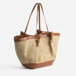 Sac cabas beige tressé et camel