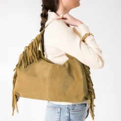 Sac camel cuir velours franges côtés