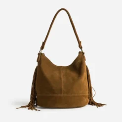 Sac Hobo camel cuir velours détail franges
