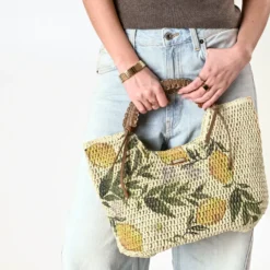 Sac LES TROPEZIENNES beige tressé motif citrons