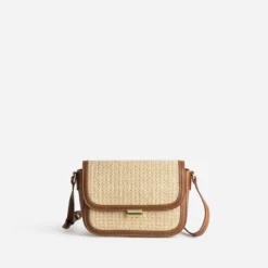 Sac à main beige tressé bordures cognac