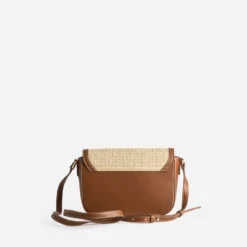 Sac à main beige tressé bordures cognac