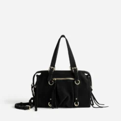 Sac à main noir cuir velours détail franges
