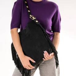 Sac à main noir cuir velours à franges