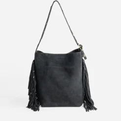 Sac à main noir cuir velours à franges