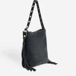Sac à main noir cuir velours à franges