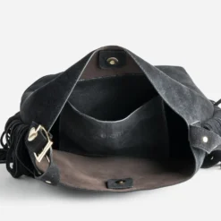 Sac à main noir cuir velours à franges
