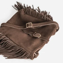 Sac marron cuir velours détail franges