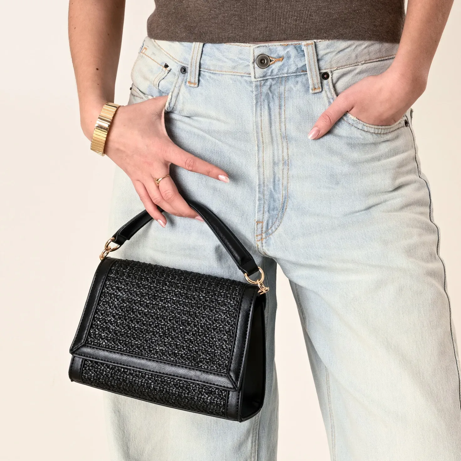 Sac noir bi-matière tressé