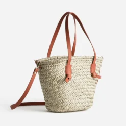 Sac panier beige en paille anses orange