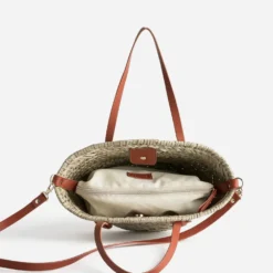 Sac panier beige en paille anses orange