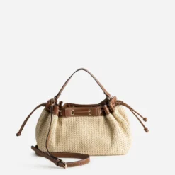 Sac seau beige tressé bordures cognac