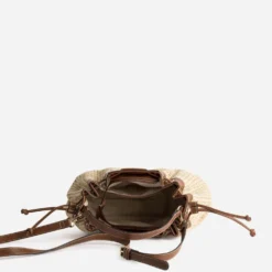 Sac seau beige tressé bordures cognac