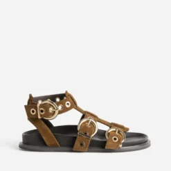Sandale anatomique camel cuir velours décor œillets