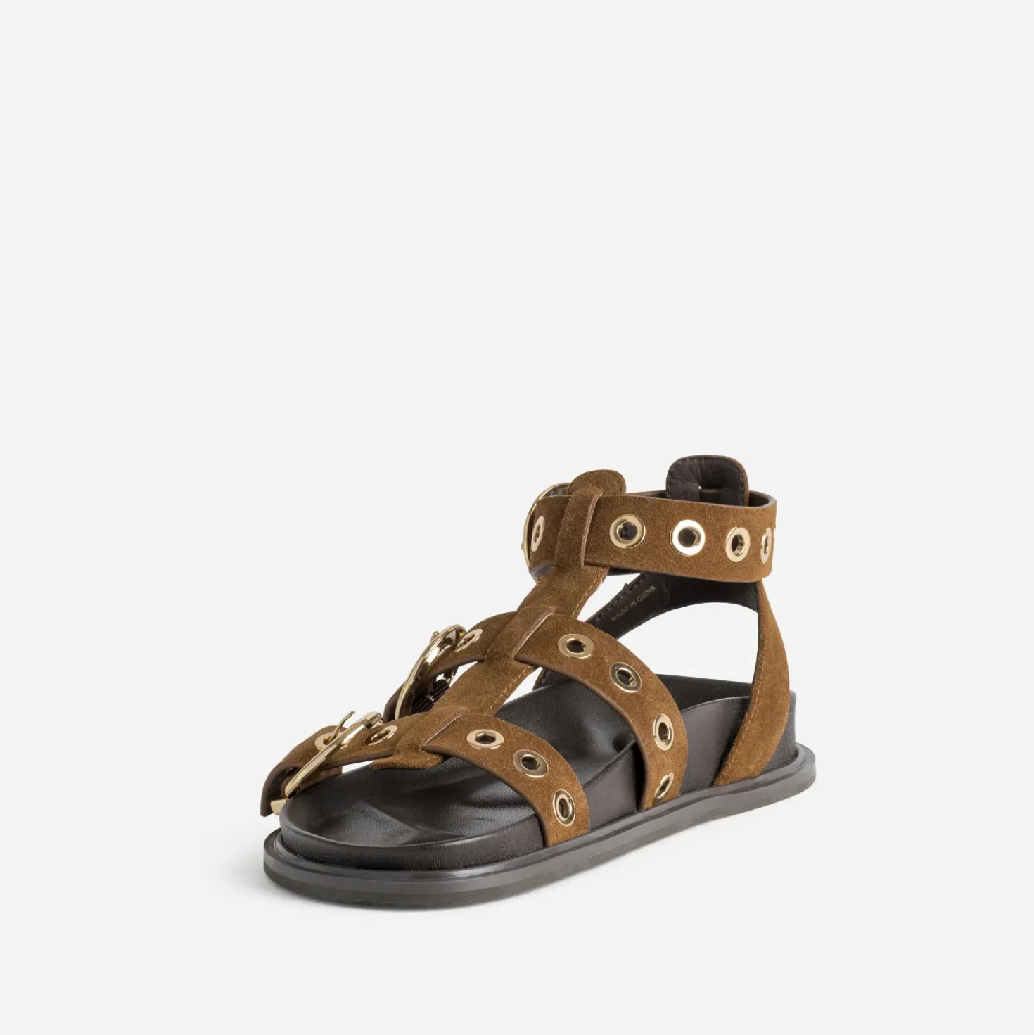Sandale anatomique camel cuir velours décor œillets