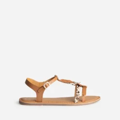 Sandale BUGGY camel cuir décor plumes