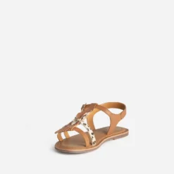 Sandale BUGGY camel cuir décor plumes
