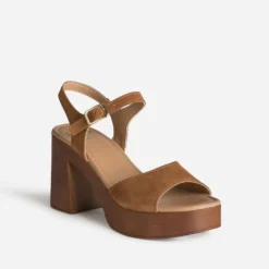 Sandale camel cuir velours à talon