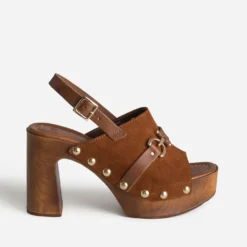 Sandale cognac cuir velours à talon