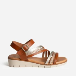Sandale cognac et dorée cuir