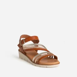 Sandale cognac et dorée cuir