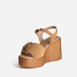 Sandale compensée beige cuir velours
