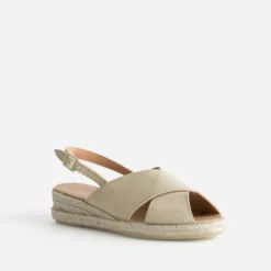 Sandale compensée beige doré cuir velours