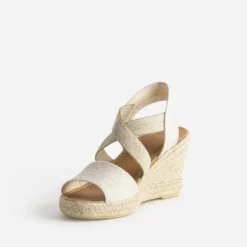 Sandale compensée beige dorée textile en cuir éco-conçu