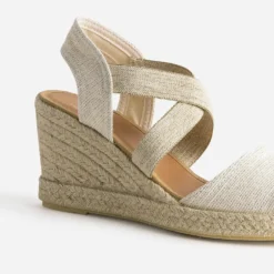 Sandale compensée beige dorée textile en cuir éco-conçu