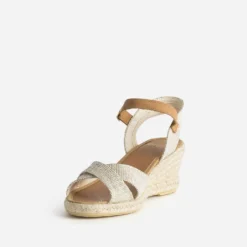 Sandale compensée beige pailleté or éco-conçu