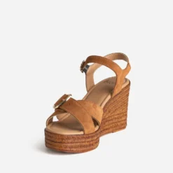 Sandale compensée camel cuir velours