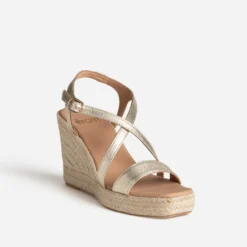 Sandale compensée dorée cuir