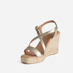 Sandale compensée dorée cuir